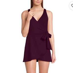 -Women's Lands' End Side Tie Mini Swim Dress Swimsuit Dark Wine Size 8 NWT
